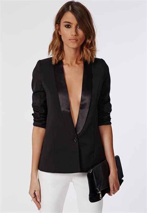 Missguided Satin Lapel Tailored Blazer Black Fashion Women Clothes