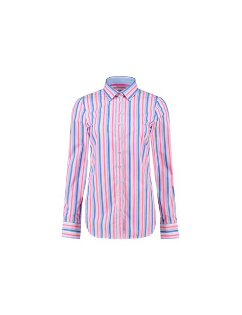 Womens Pink And Blue Multi Stripe Semi Fitted Shirt Single Cuff