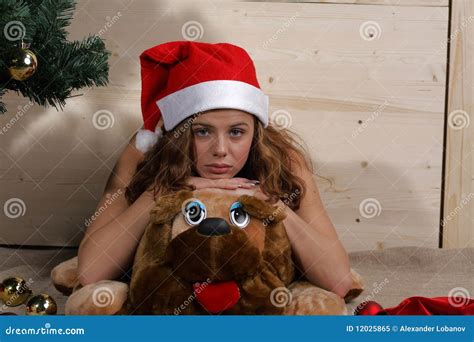 Naakte Vrouw In De Hoed Van De Kerstman Stock Afbeelding Image Of