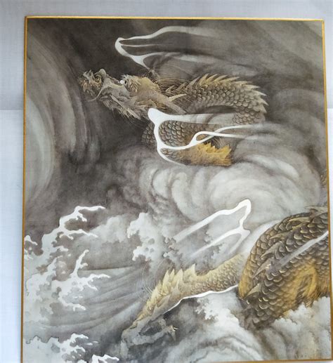 Vintage Japanese Shikishi Paintings Print Of A Dragon In Raging Storm