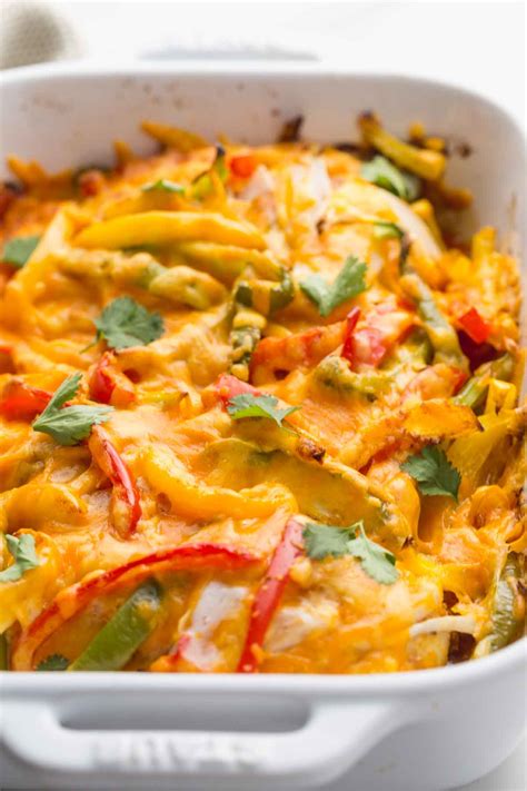 Transfer chicken mixture to previously prepared baking dish and sprinkle with remaining shredded cheddar cheese. Cheesy Chicken Fajita Casserole Recipe - Little Sunny Kitchen