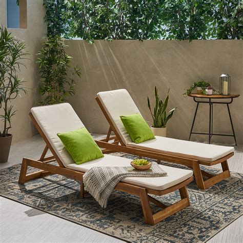 Cullen Outdoor Acacia Wood Chaise Lounge and Cushion Sets, Set of 2
