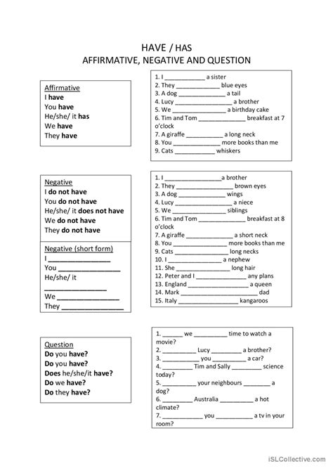 To Have Has Drill General Grammar English Esl Worksheets Pdf And Doc