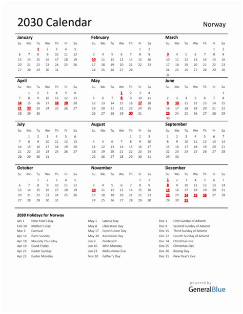 2030 Norway Calendar With Holidays
