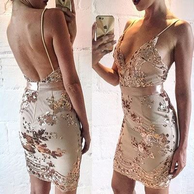 Fitted Nude V Neck Sequin Homecoming Dress Cocktail Dress Open Back