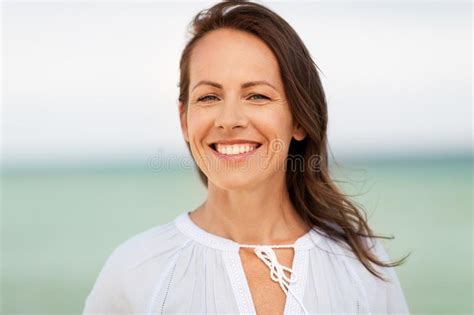 Happy Smiling Woman On Summer Beach Stock Photo Image Of Fashion