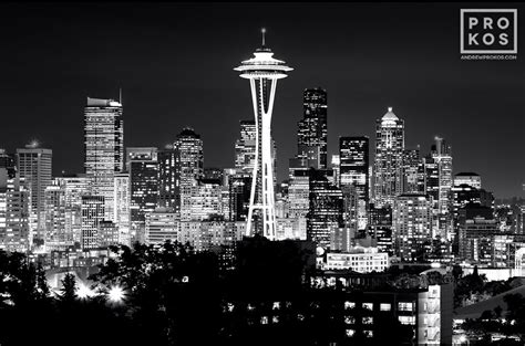 Seattle Skyline At Night Black And White Photograph By Andrew Prokos