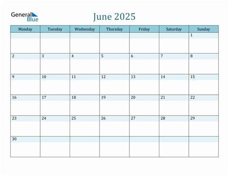 June 2025 Monthly Calendar Template Monday Start