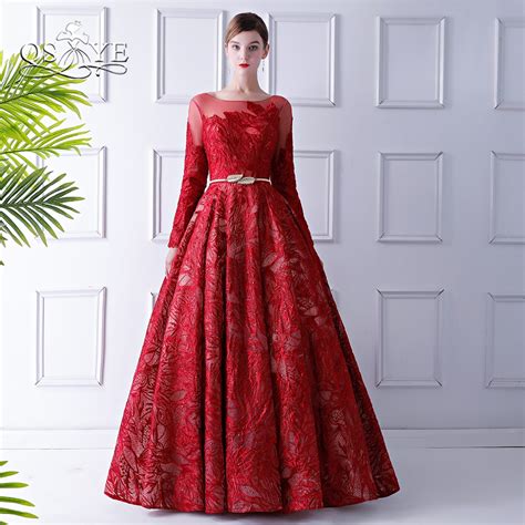 qsyye 2018 elegant red formal evening dresses sexy v back long sleeve floor length lace long