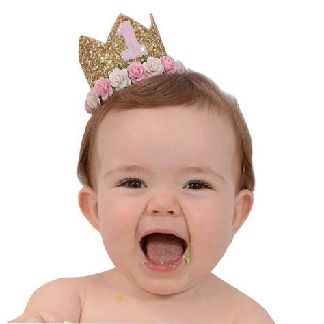 Baby Girl First Birthday Party Pink Flower Gold Glitter Hats Princess