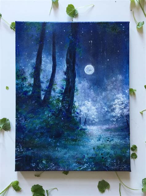 Winters Moon Original Enchanting Moonlit Forest Painting Forest