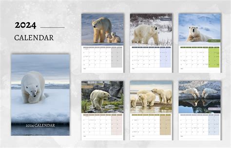 Polar Bear Calendar 2024 Monthly Wall Calendar A4 Hanging Calendar