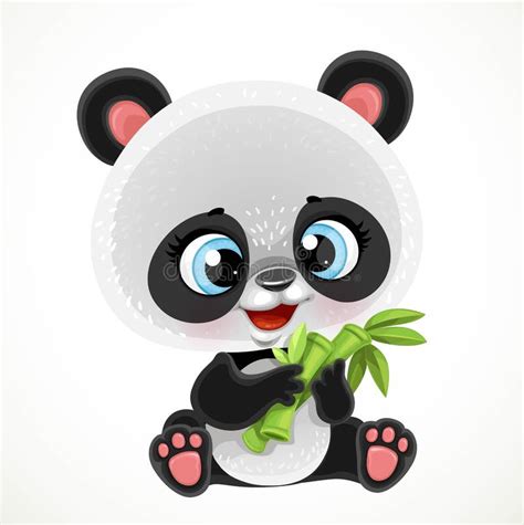 Lindo Dibujo Animado Bebé Oso Panda Comiendo Bambú Ilustración Del