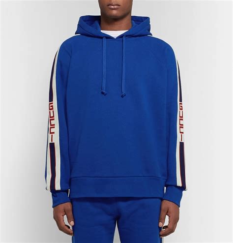 Gucci Webbing Trimmed Loopback Cotton Jersey Hoodie Men Blue Gucci