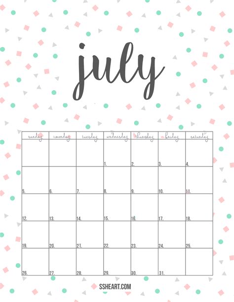 July Calendar Cute Customize And Print