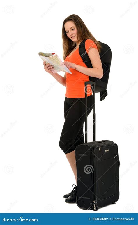 A Beautiful Woman Tourist With A Map In Hand Luggage Isolated On Stock
