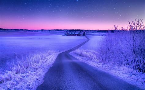 Landscape Nature Road Winter Snow Field Stars Evening Sunset