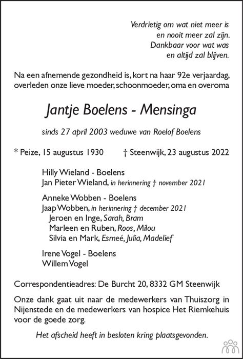 Jantje Boelens Mensinga 23 08 2022 Overlijdensbericht En Condoleances
