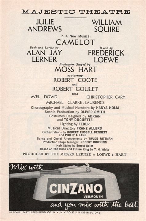 Julie Andrews Camelot William Squire Lerner And Loewe 1962 Playbill