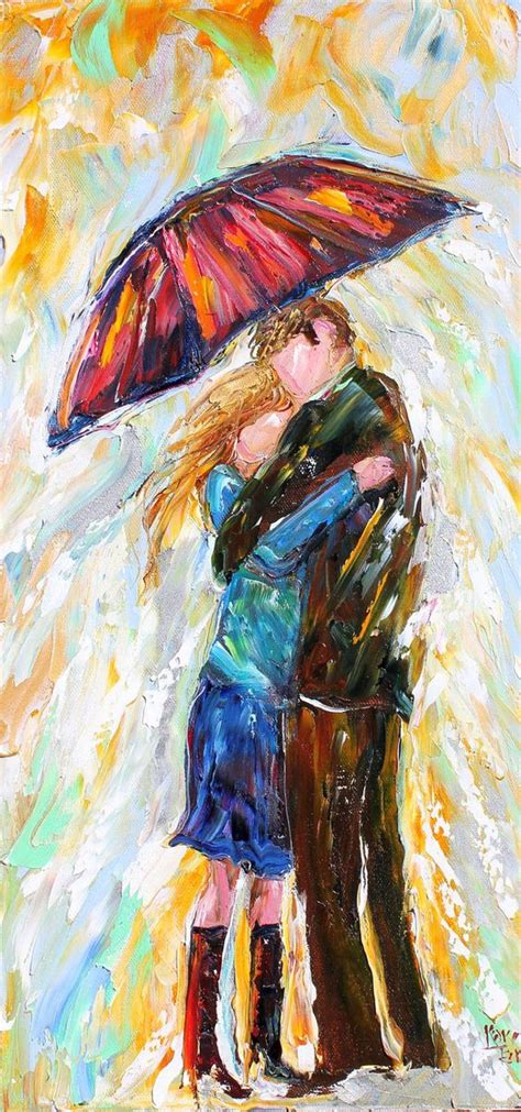 Original Abstract Figure Oil Painting Umbrella Rain Couple