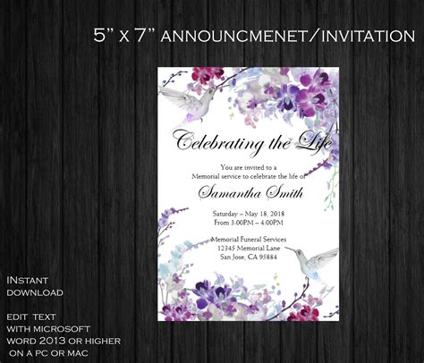 Purple Orchids Hummingbird Funeral Announcement Celebration Etsy