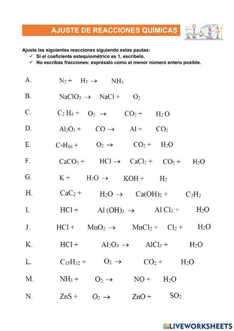 Ajuste Reacciones Químicas Worksheet School Subjects Workbook