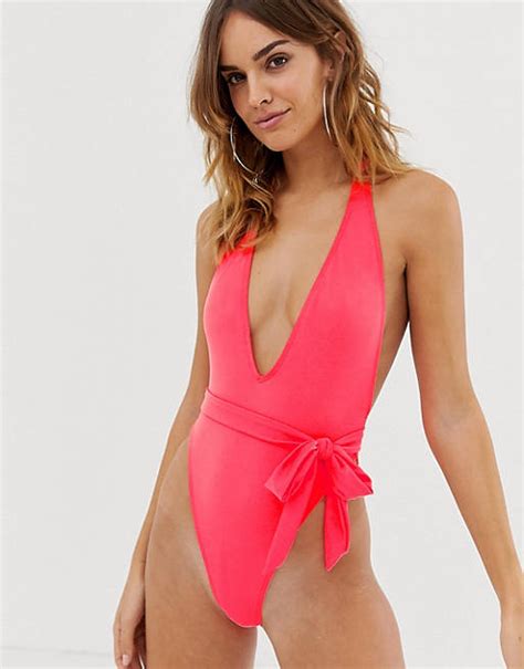 Asos Design Recycled Super High Leg Sexy Tie Swimsuit In Neon Coral Asos