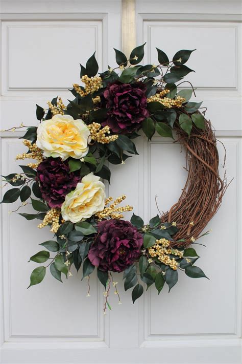 Purple Peony Yellow Open Rose Grapevine Wreath Mothers Etsy In 2021