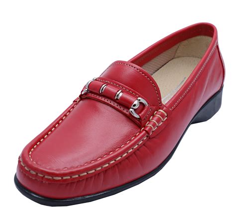 Womens Red Genuine Leather Cotswold Comfort Loafers Slip On Casual