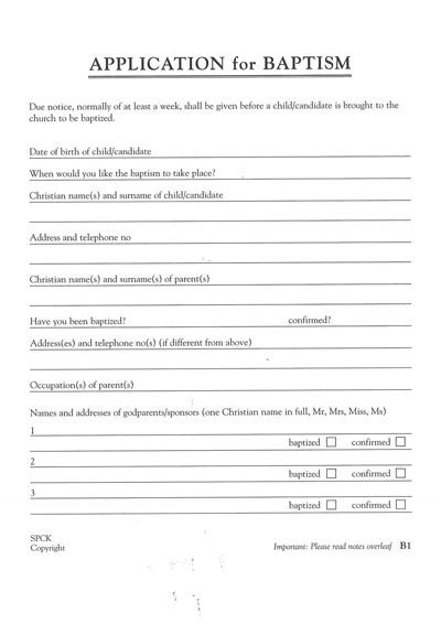 Baptism Application Form B1 1pk50 By Spck Paperback Softback