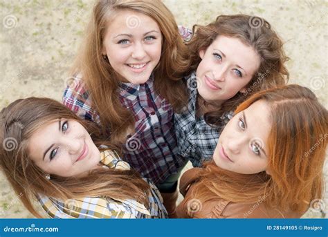Four Happy Teen Girls Friends Looking Up Stock Image Image Of Beauty Help 28149105