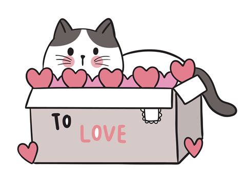 Hand Draw Cartoon Cute Valentine Day Cat In The Box Vector 1970479