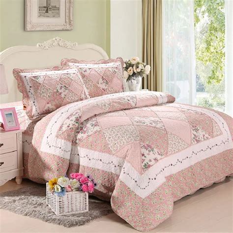 Korea Pink Floral Patchwork Quilt Set 3pcs Bedspread Quilted Bedding