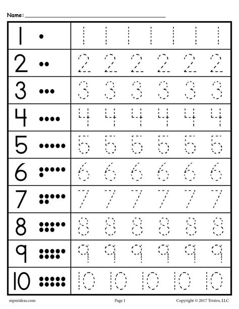 tracing numbers 1 10 worksheets kindergarten pdf name