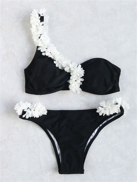 ¡cómpralo Ya Contrast Flower Embellished One Shoulder Bikini Set Black Bikinis Vacation Push