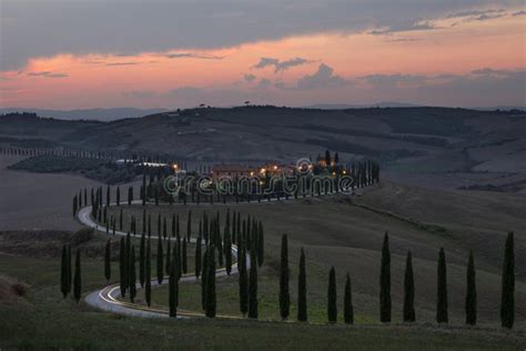 Farmhouse Agriturismo Baccoleno In Val D Orcia Tuscany During Sunset