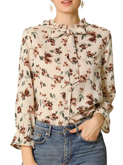 unique bargains women s floral ruffle tie neck long sleeve casual blouse shirt