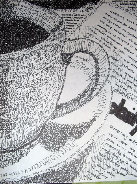 Pen And Ink Drawing Using Words Teacup And Book Letters Black And White Line