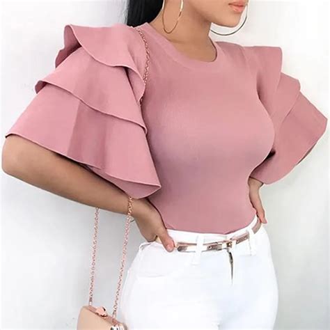 Pink Summer Tops For Women Short Flare Sleeve Blouse Peplum Shirt