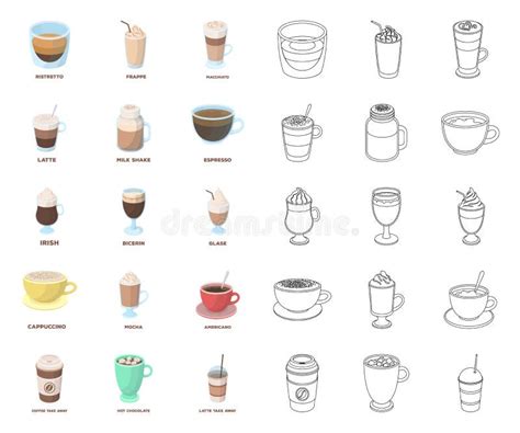 Different Kinds Of Coffee Cartoonoutline Icons In Set Collection For