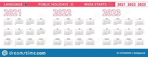 2021 2022 2023 Year Vector Calendar In Norwegian Language Week