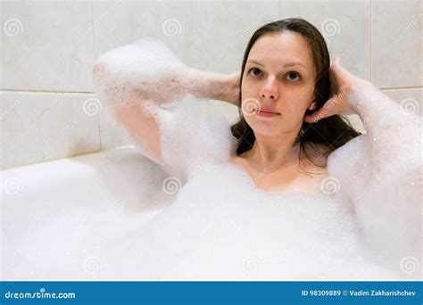 Young Beautiful Brunette Woman Takes Bubble Bath Stock Image Image Of Brunette Hygiene 98309889