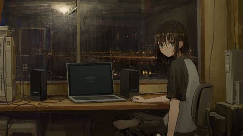 Cozy Anime Girl At Computer Anime Girl