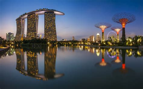 Singapore City Buildings Night Sea Reflection Lights Ferris Wheel Water