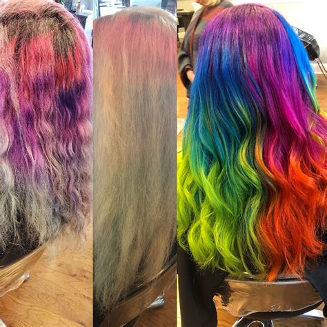 Before During And After Hair Color Pravana Vivids Neon Green And Yellow Over Top Makes A