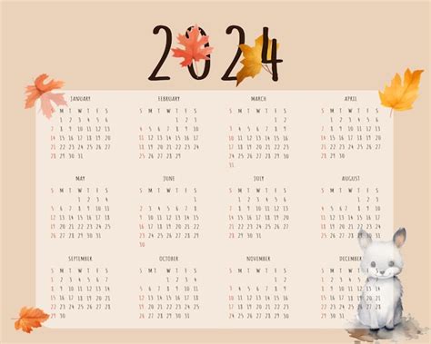 Modello Di Calendario Annuale Del Nuovo Anno 2024 Con Tema Autunnale