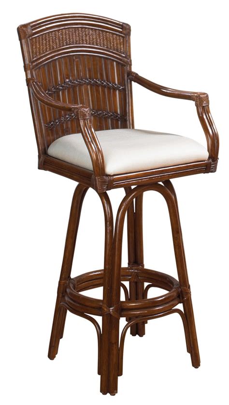 Tahiti Indoor Swivel Bamboo And Rattan Bar Stool In Antique Finish With