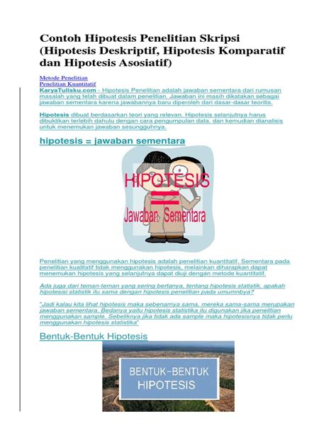 Adapun contoh hipotesis yang sering digunakan dalam penelitian yakni jenis hipotesis deskriptif, hipotesis komperatif dan hipotesis asosiatif. OK SIKRIPSI Contoh Hipotesis Penelitian Skripsi.docx