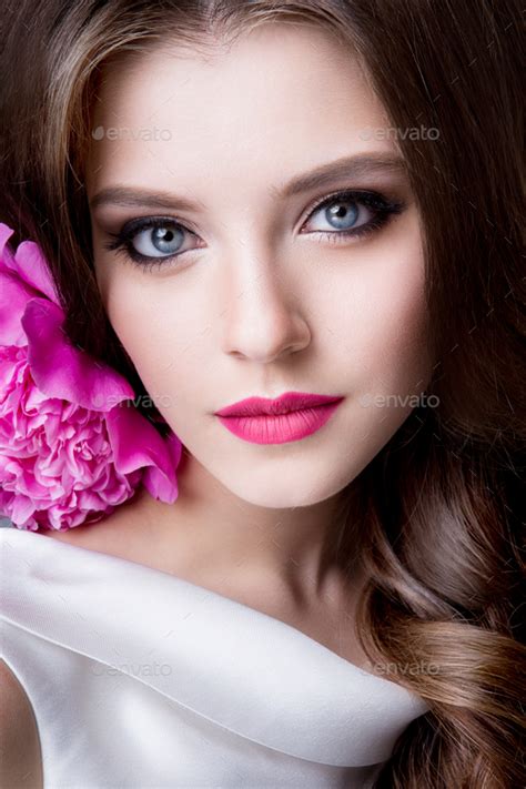 Close Up Studio Portrait Of Beautiful Woman With Bright Make Up Stock