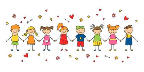 Group Of Funny Kids Holding Hands Happy Cute Doodle Children 3076907